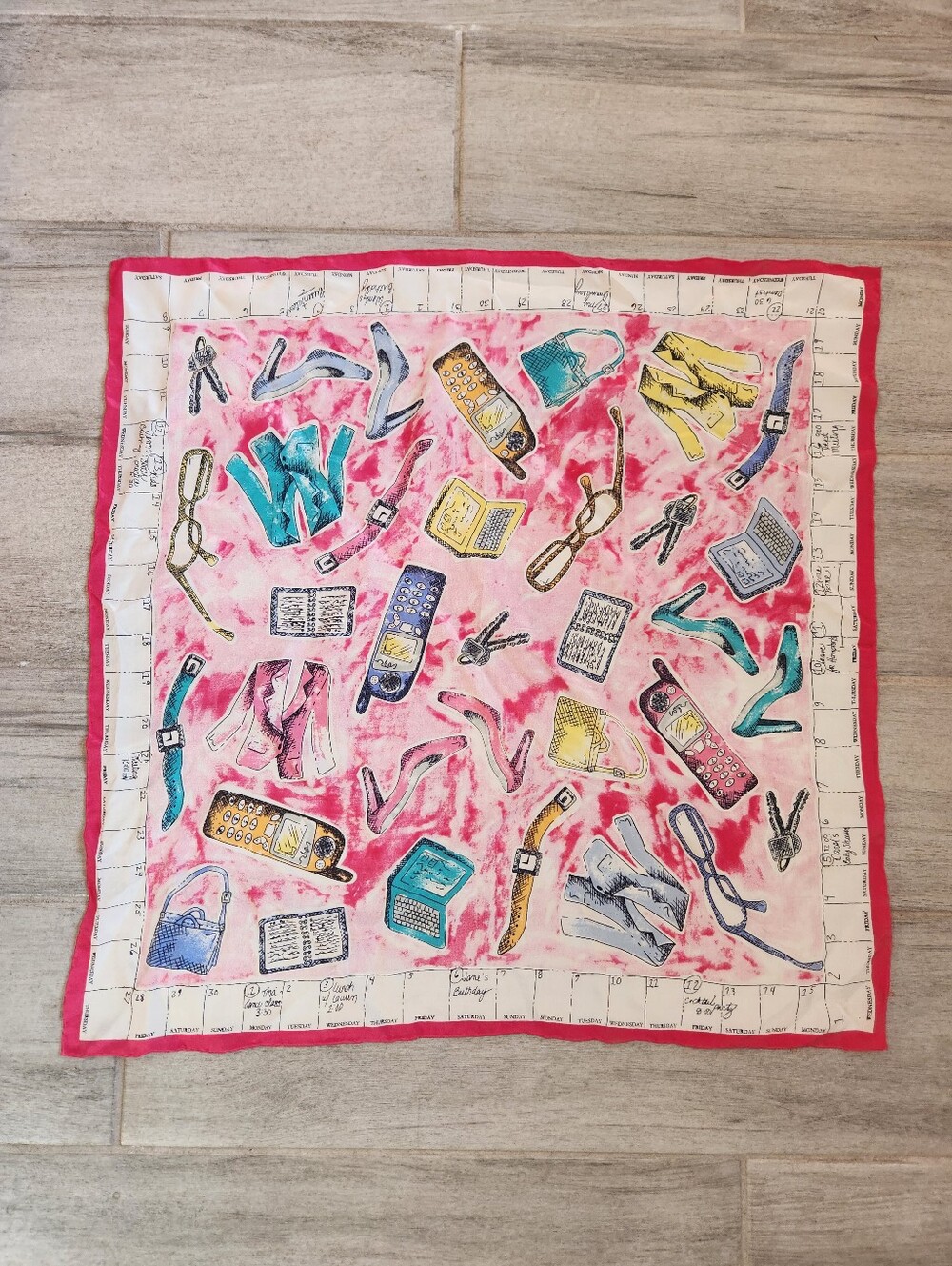 Vtg Scarf Pink Graphic Print Carre Planner Keys Fashion Shoes Handrolled Square